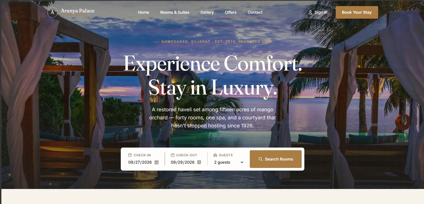 Aranya Palace Resort & Spa website homepage with booking search