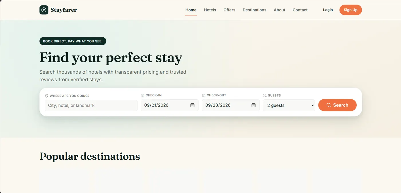 Stayfarer hotel booking platform homepage with destination and date search